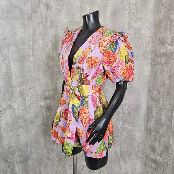 FARM Rio Lilac Beaks & Bananas Romper Puff Sleeve Belted M NWT - Picture 6 of 13